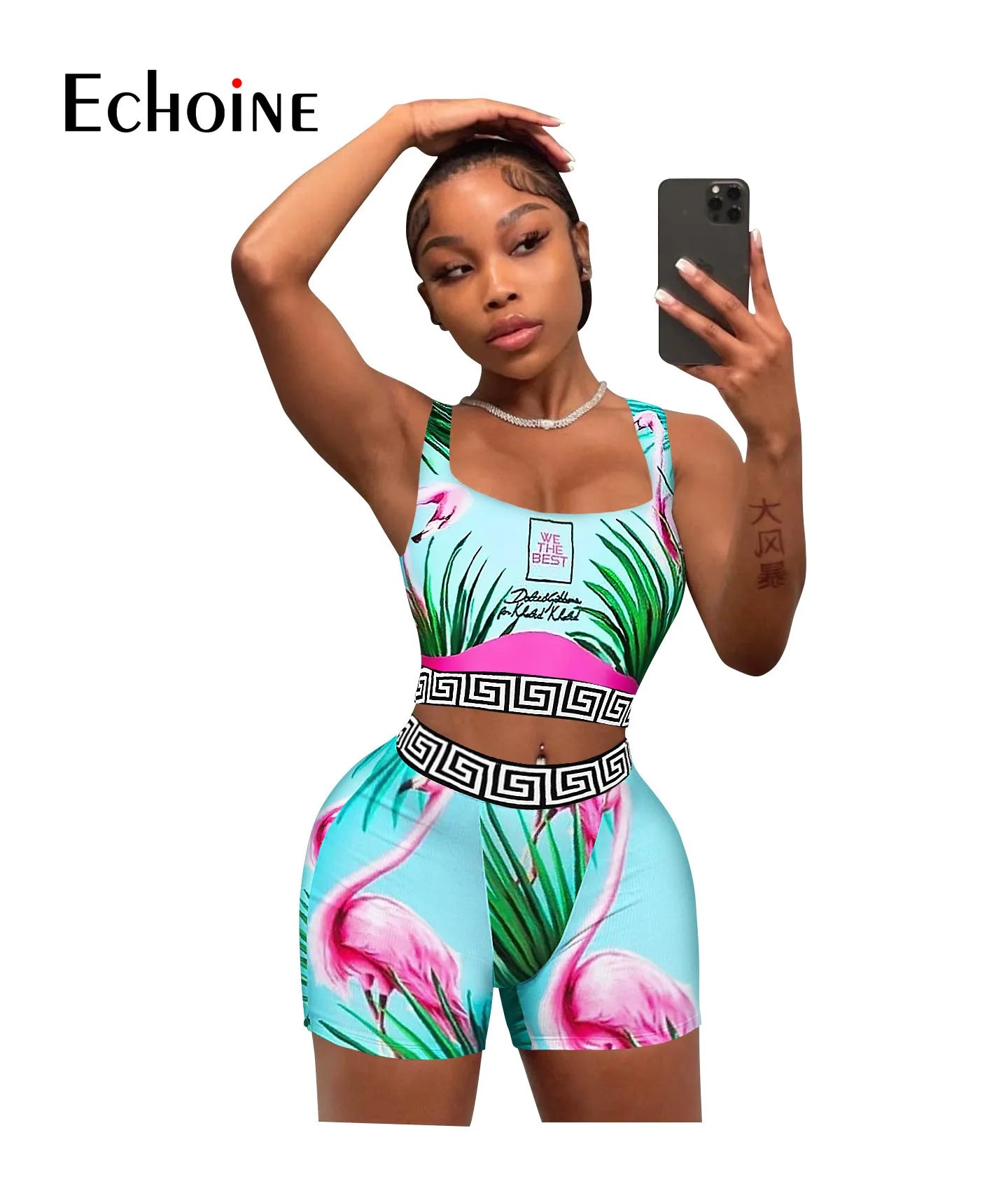 Echoine Women Summer Print Sexy Pullover Vest Top And Shorts Two 2 Piece Set Casual Slim Holiday Commuting Beach Party Outfits somè