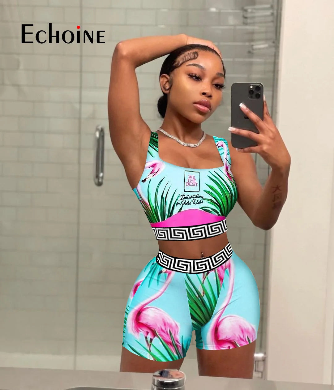 Echoine Women Summer Print Sexy Pullover Vest Top And Shorts Two 2 Piece Set Casual Slim Holiday Commuting Beach Party Outfits somè