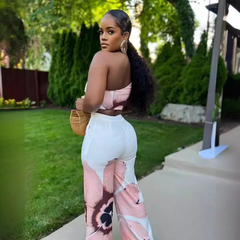 Women Set Floral Print Sleeveless Skew Collar Tops +Wide Leg Pants Two 2 Piece Set Outfit Summer Street Tracksuit somè
