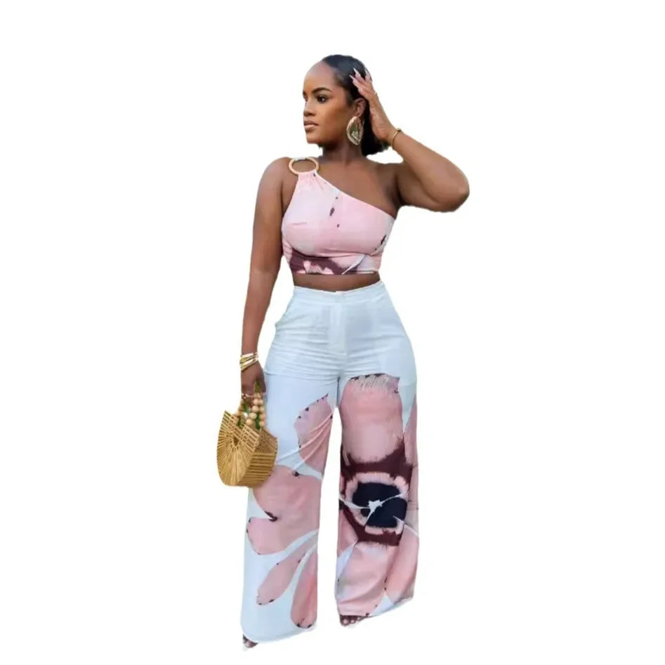 Women Set Floral Print Sleeveless Skew Collar Tops +Wide Leg Pants Two 2 Piece Set Outfit Summer Street Tracksuit somè