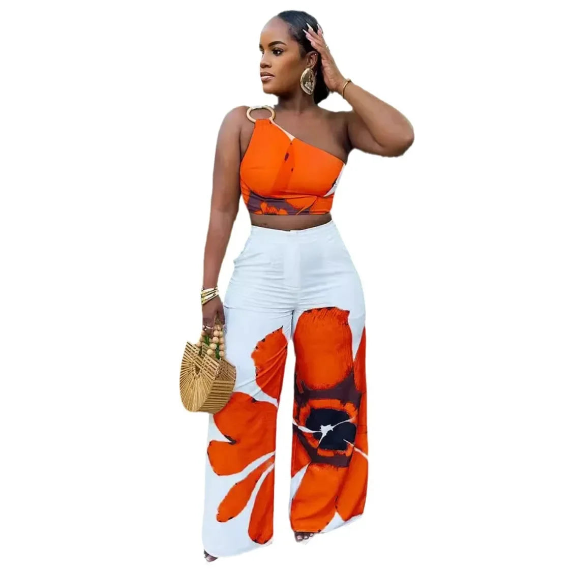 Women Set Floral Print Sleeveless Skew Collar Tops +Wide Leg Pants Two 2 Piece Set Outfit Summer Street Tracksuit somè