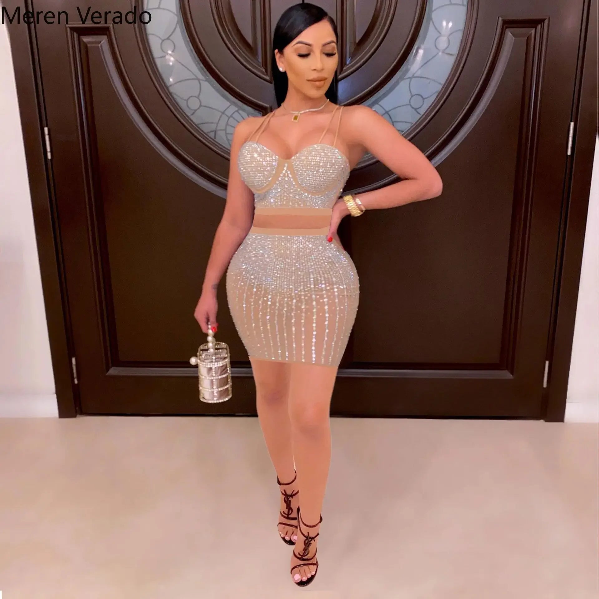 Diamonds Hot Rhinestones Elegant Women's Set Crop Top And Midi Mini Skirts Suit Sexy Club Outfits Two 2 Piece Set kpy