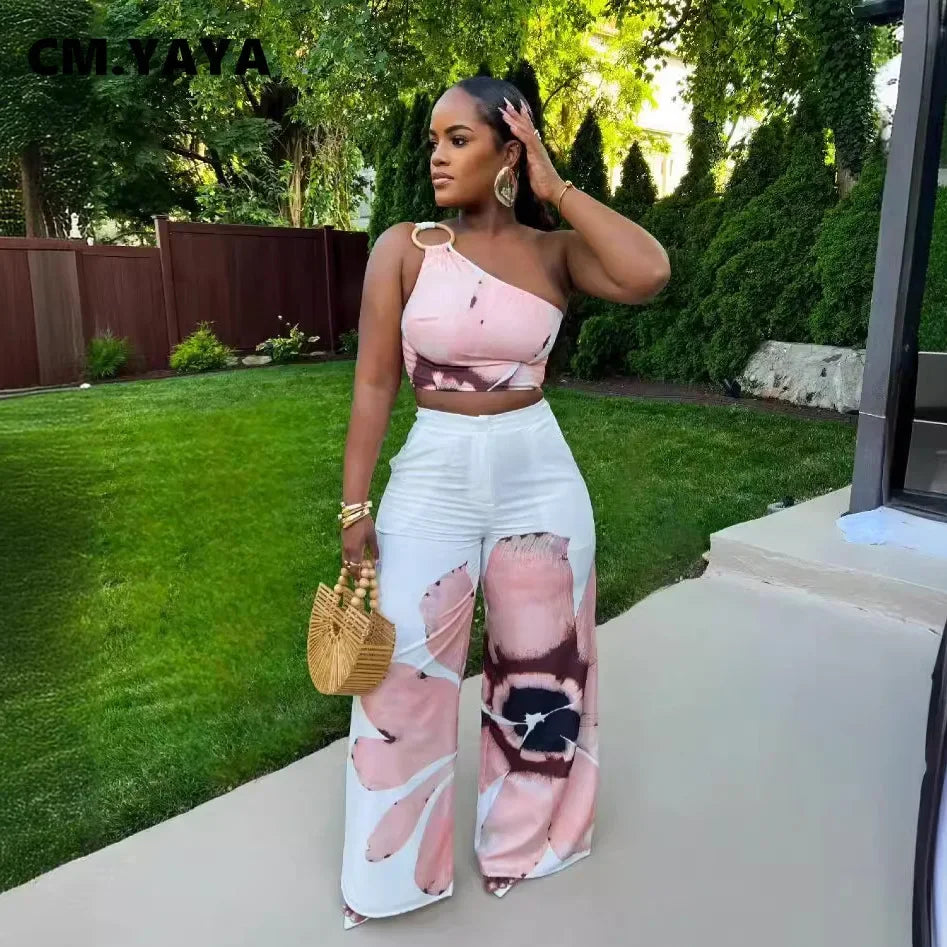 Women Set Floral Print Sleeveless Skew Collar Tops +Wide Leg Pants Two 2 Piece Set Outfit Summer Street Tracksuit somè