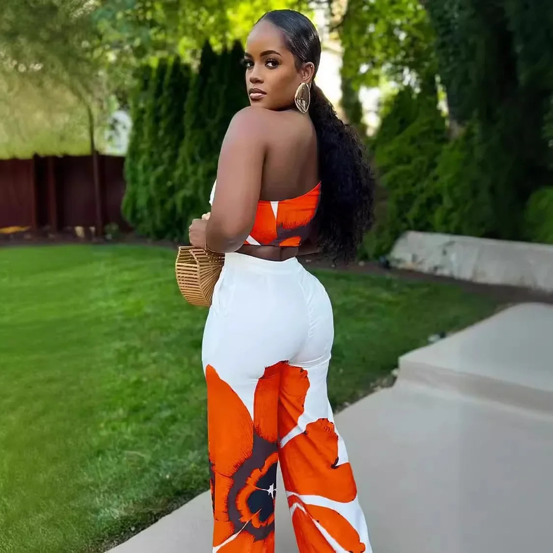 Women Set Floral Print Sleeveless Skew Collar Tops +Wide Leg Pants Two 2 Piece Set Outfit Summer Street Tracksuit somè