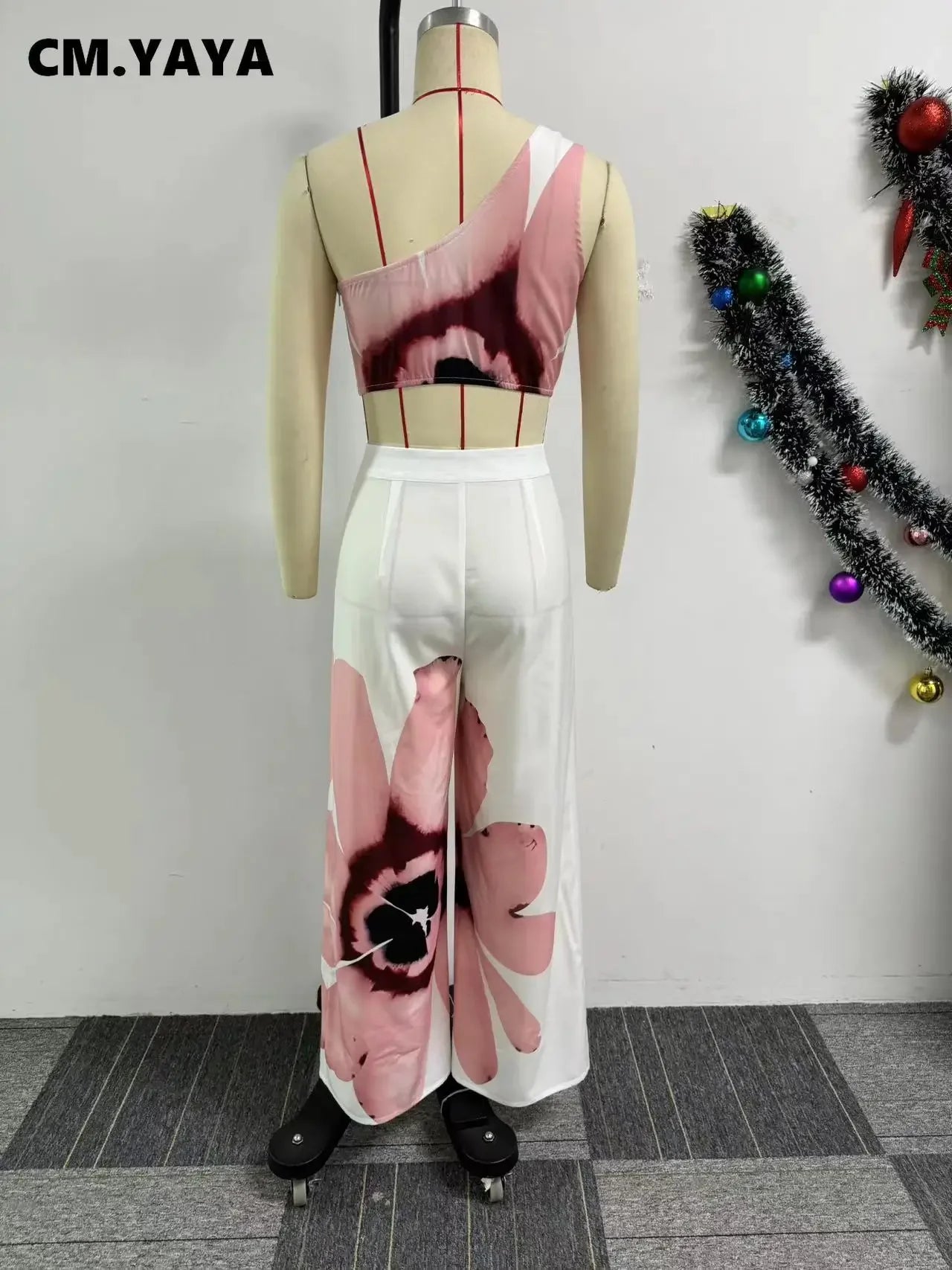 Women Set Floral Print Sleeveless Skew Collar Tops +Wide Leg Pants Two 2 Piece Set Outfit Summer Street Tracksuit somè