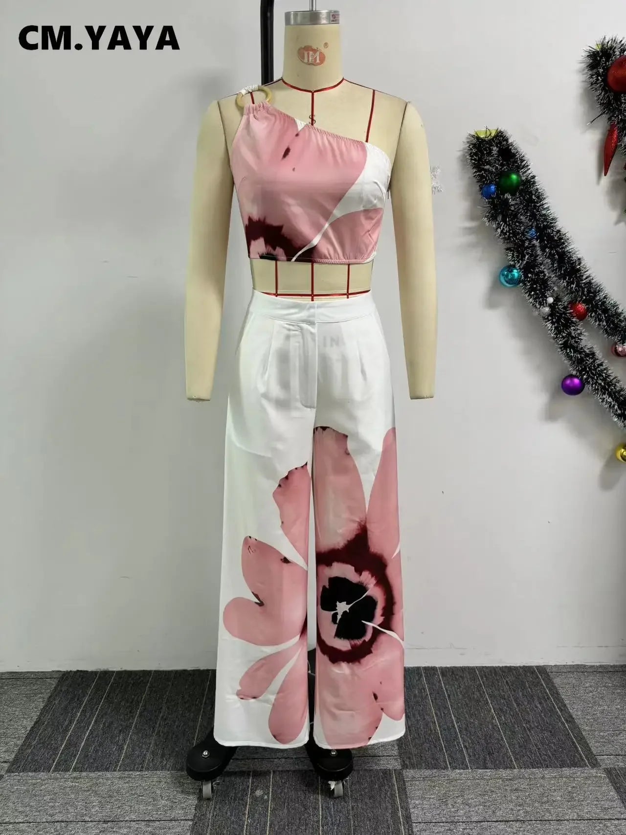 Women Set Floral Print Sleeveless Skew Collar Tops +Wide Leg Pants Two 2 Piece Set Outfit Summer Street Tracksuit somè