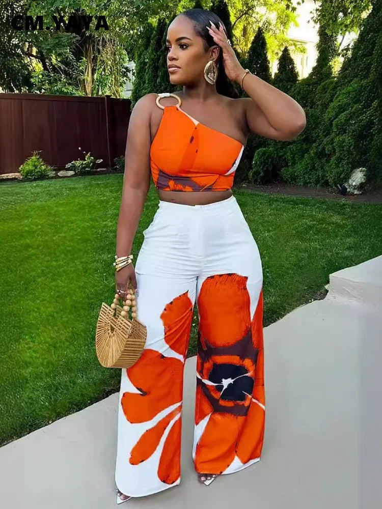 Women Set Floral Print Sleeveless Skew Collar Tops +Wide Leg Pants Two 2 Piece Set Outfit Summer Street Tracksuit somè