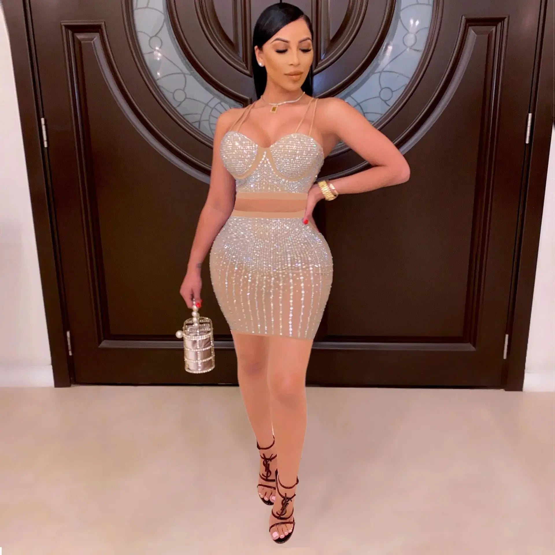 Diamonds Hot Rhinestones Elegant Women's Set Crop Top And Midi Mini Skirts Suit Sexy Club Outfits Two 2 Piece Set kpy