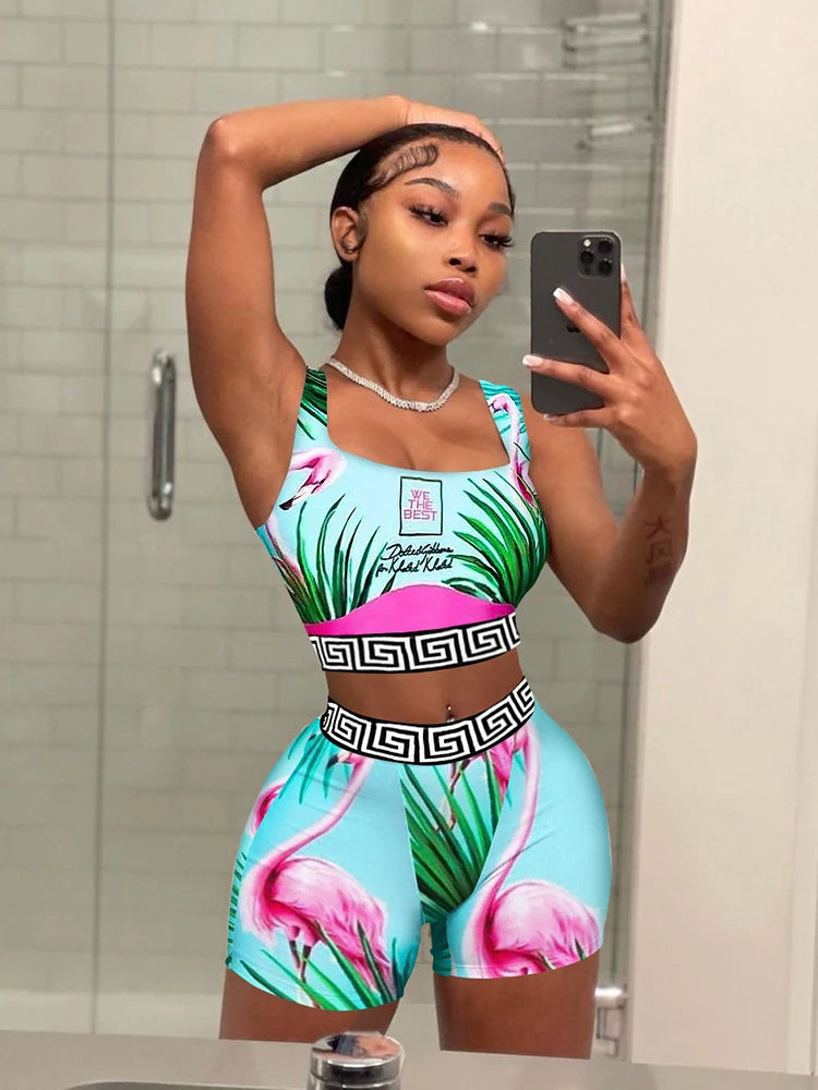 Echoine Women Summer Print Sexy Pullover Vest Top And Shorts Two 2 Piece Set Casual Slim Holiday Commuting Beach Party Outfits somè