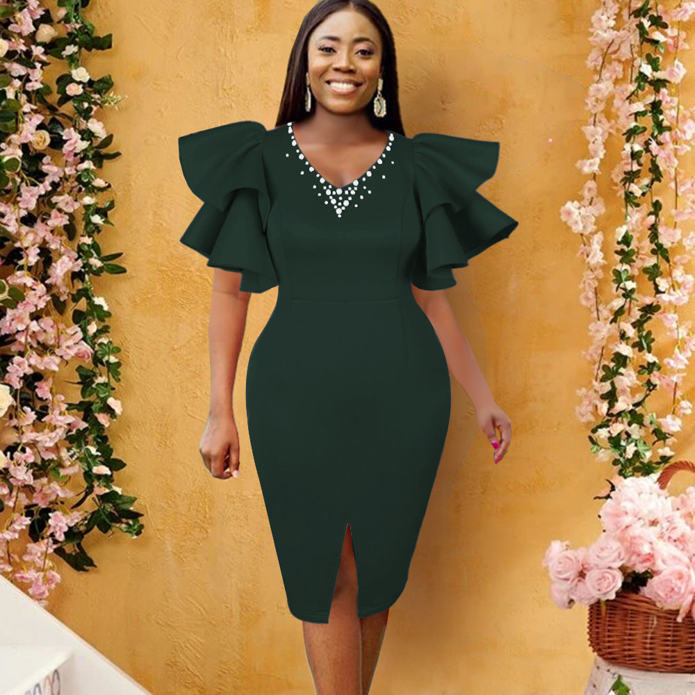 V-neck Lotus Leaf Sleeve Split Stitching Beaded Dress