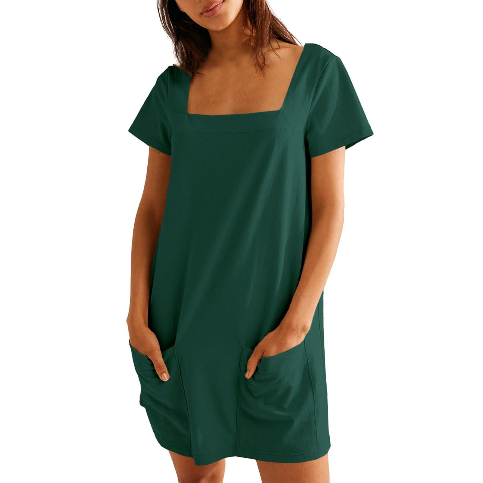 Women's Square Collar Short Sleeve Fashion Short Skirt Pocket Casual Dress