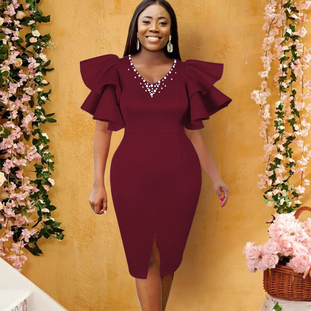 V-neck Lotus Leaf Sleeve Split Stitching Beaded Dress