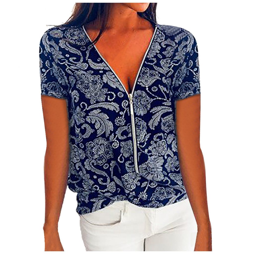 Collar Zipper Top Print Women's Casual Short Sleeves