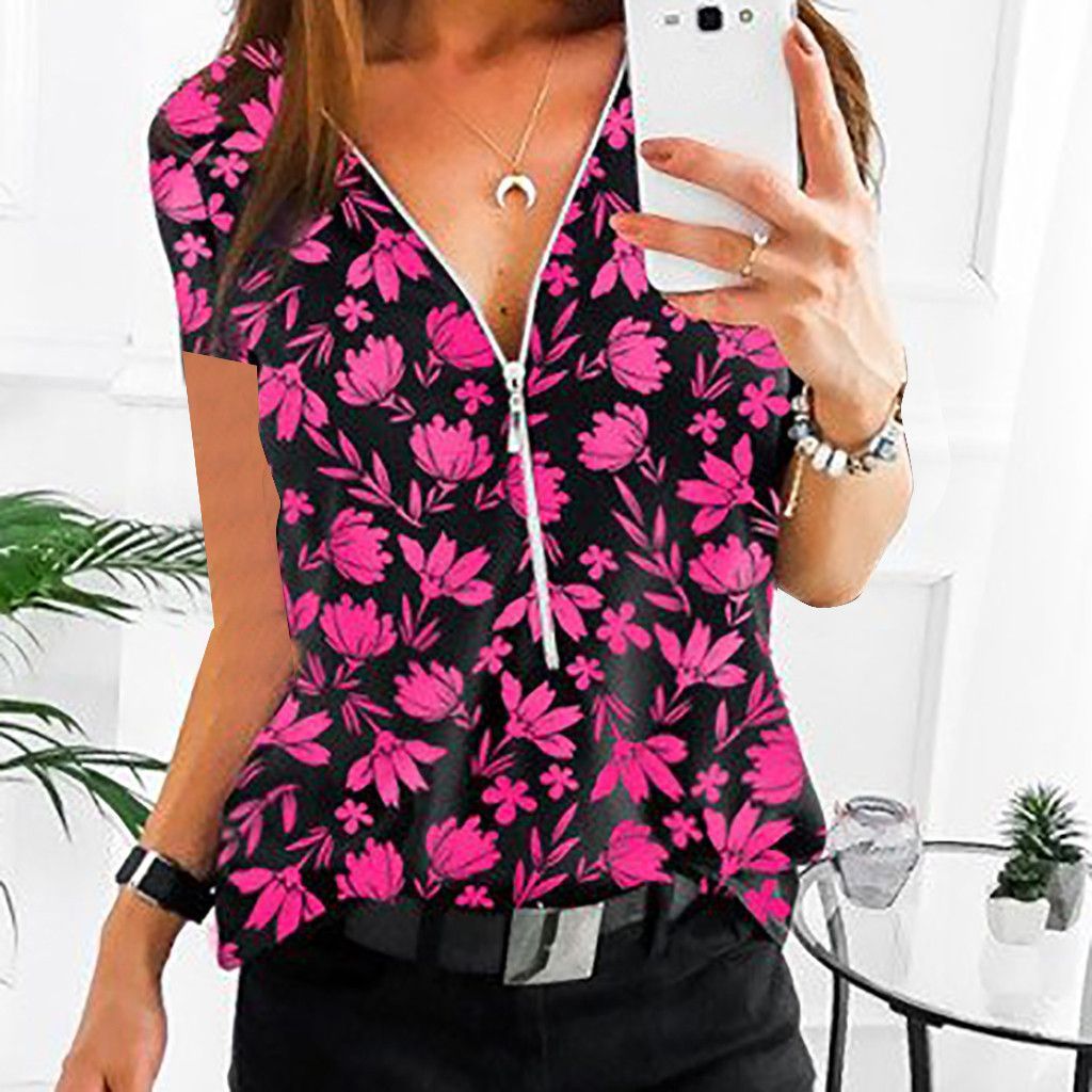 Collar Zipper Top Print Women's Casual Short Sleeves