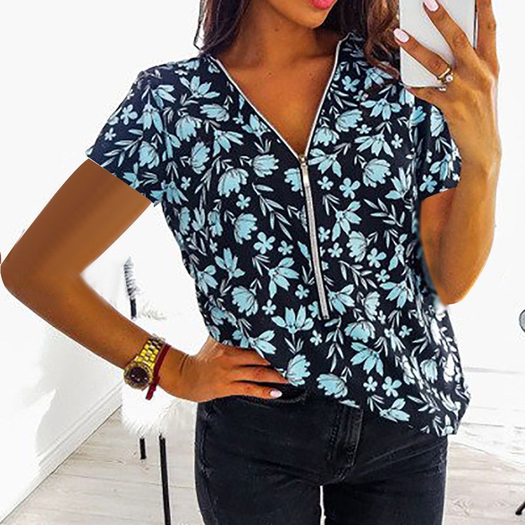 Collar Zipper Top Print Women's Casual Short Sleeves