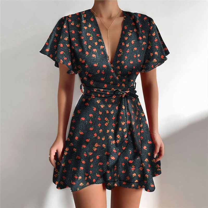 V-neck Ruffled Belt Wrap Dress