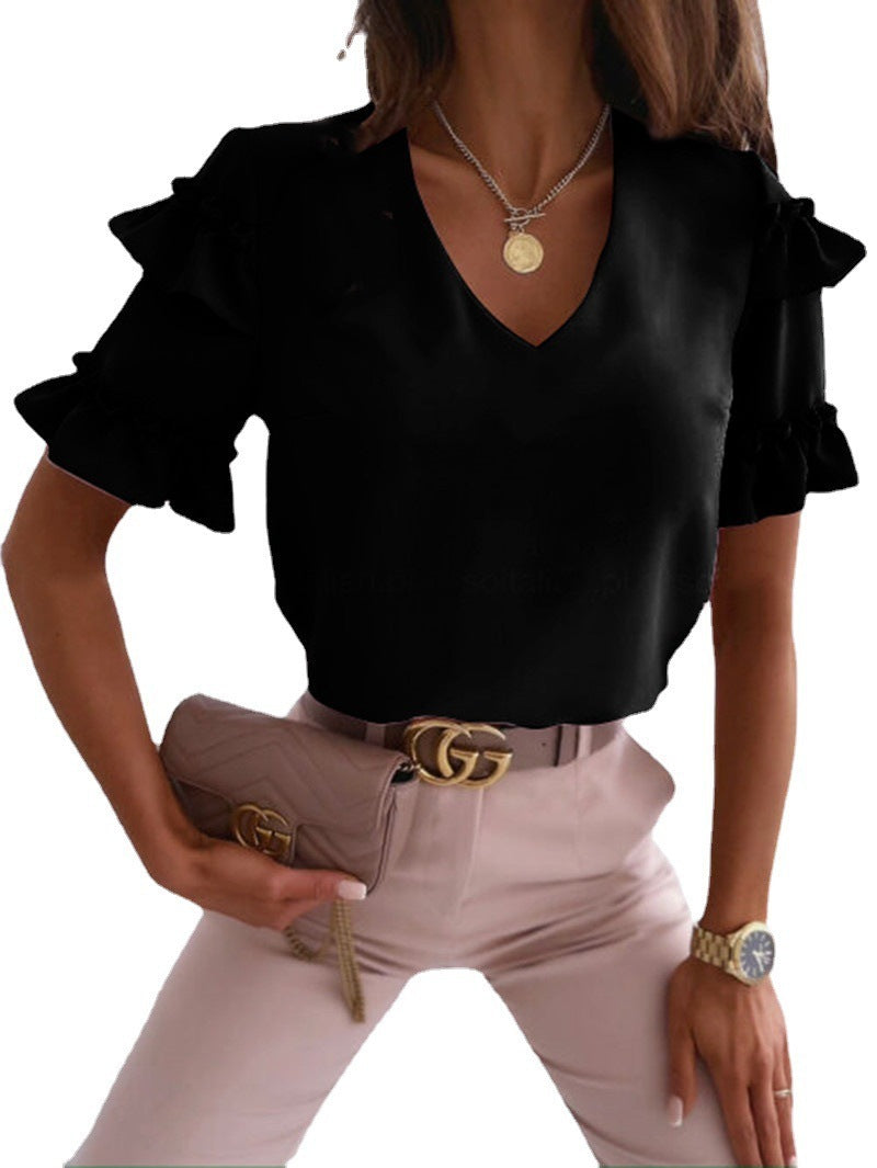 Pure Color Ruffled Short Sleeved V Neck Simple Shirt For Women