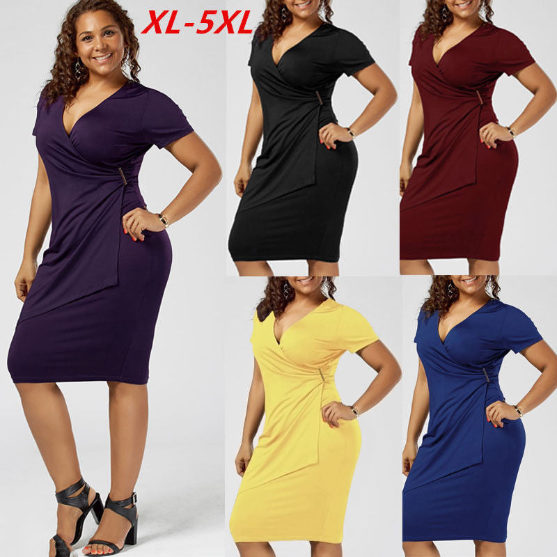 Women's V-Neck Short-Sleeved Sexy Slim Fashion Plus Size Dress