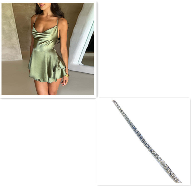 Skirt For Women Elegant Slim Strap Satin Backless Lace Up A-Line Short Dress Lady