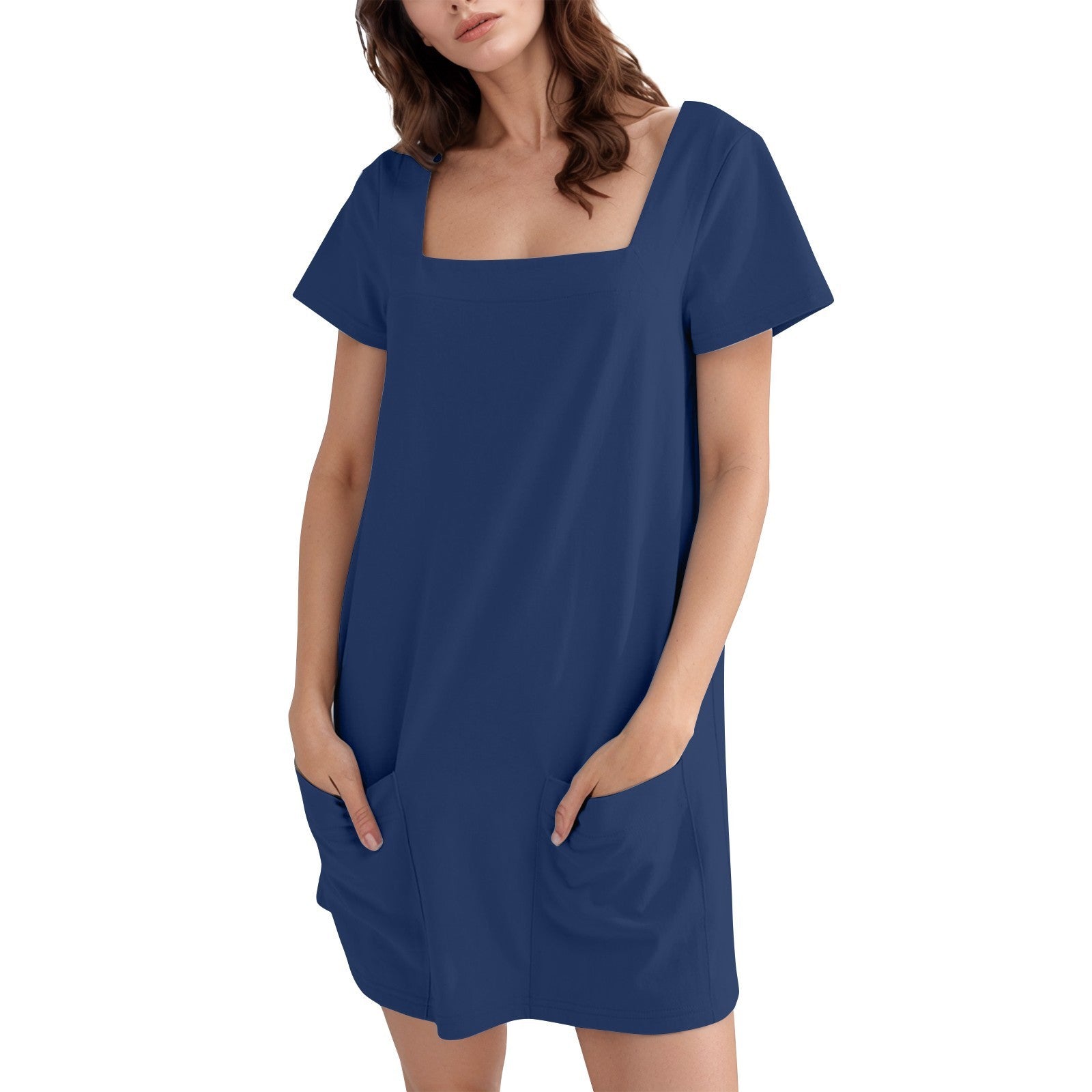 Women's Square Collar Short Sleeve Fashion Short Skirt Pocket Casual Dress