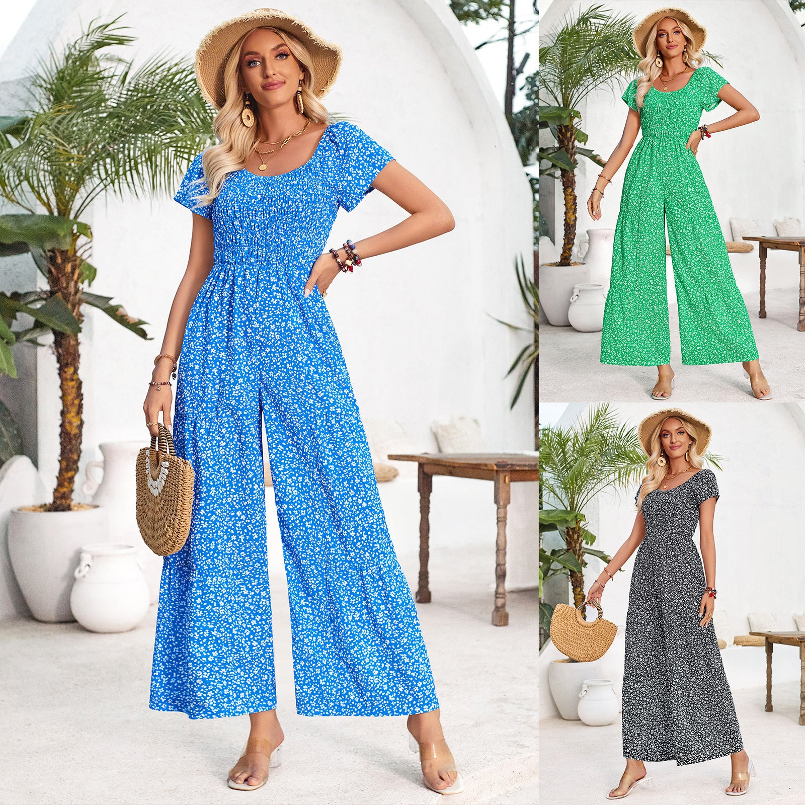 Printed Round Neck Smocking Jumpsuit Women's Clothing