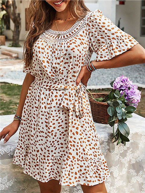 Polka Dot Print Round Neck Short Sleeve Loose Dress