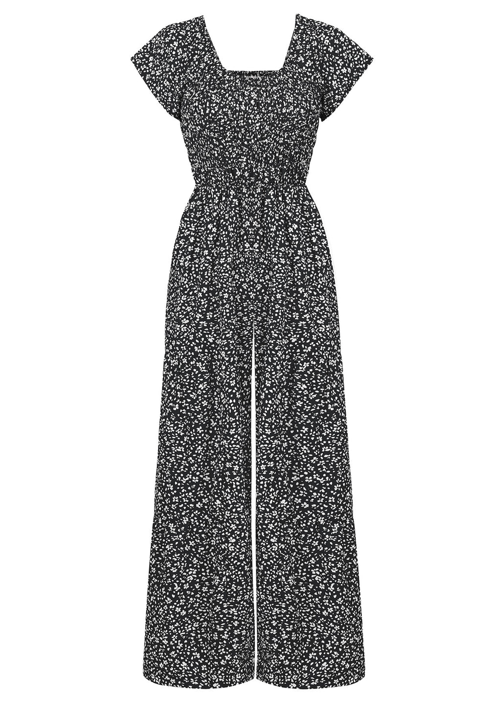 Printed Round Neck Smocking Jumpsuit Women's Clothing