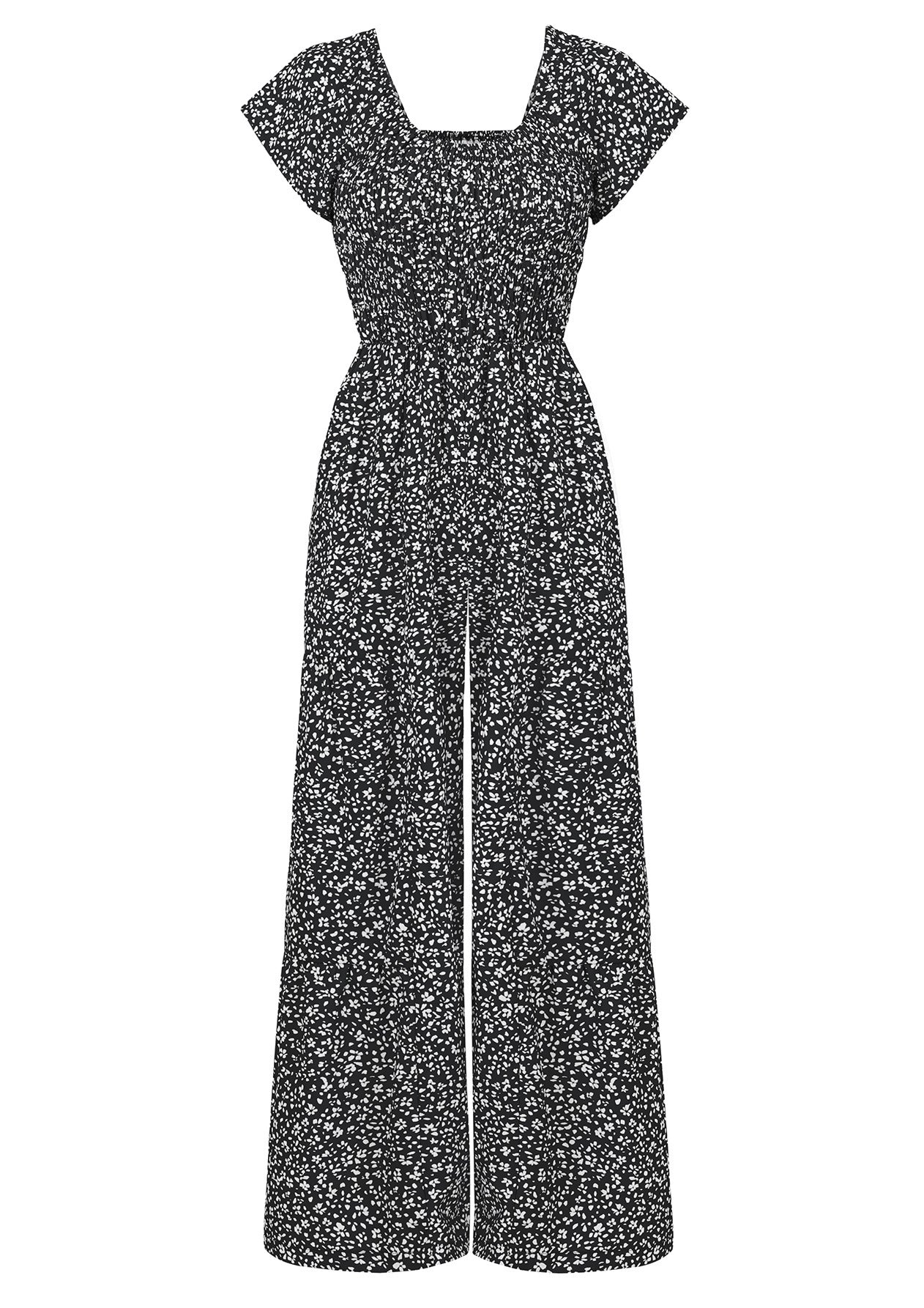Printed Round Neck Smocking Jumpsuit Women's Clothing