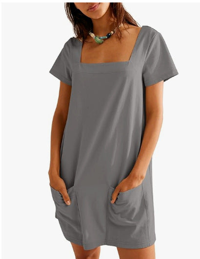 Women's Square Collar Short Sleeve Fashion Short Skirt Pocket Casual Dress