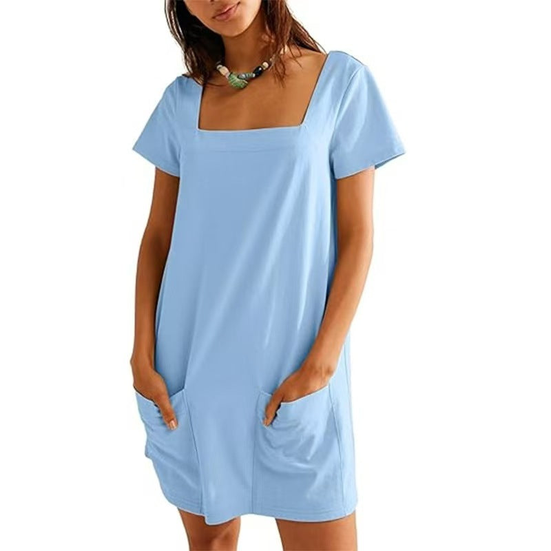 Women's Square Collar Short Sleeve Fashion Short Skirt Pocket Casual Dress