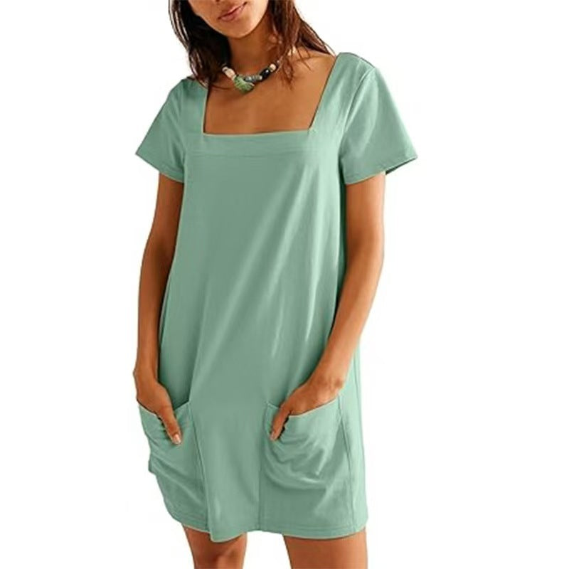Women's Square Collar Short Sleeve Fashion Short Skirt Pocket Casual Dress