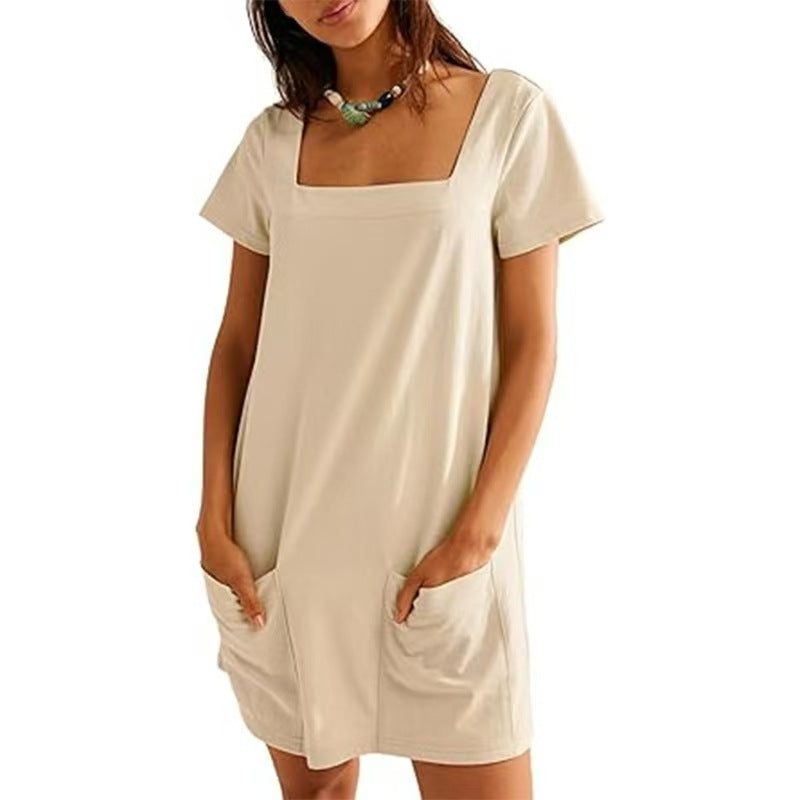 Women's Square Collar Short Sleeve Fashion Short Skirt Pocket Casual Dress