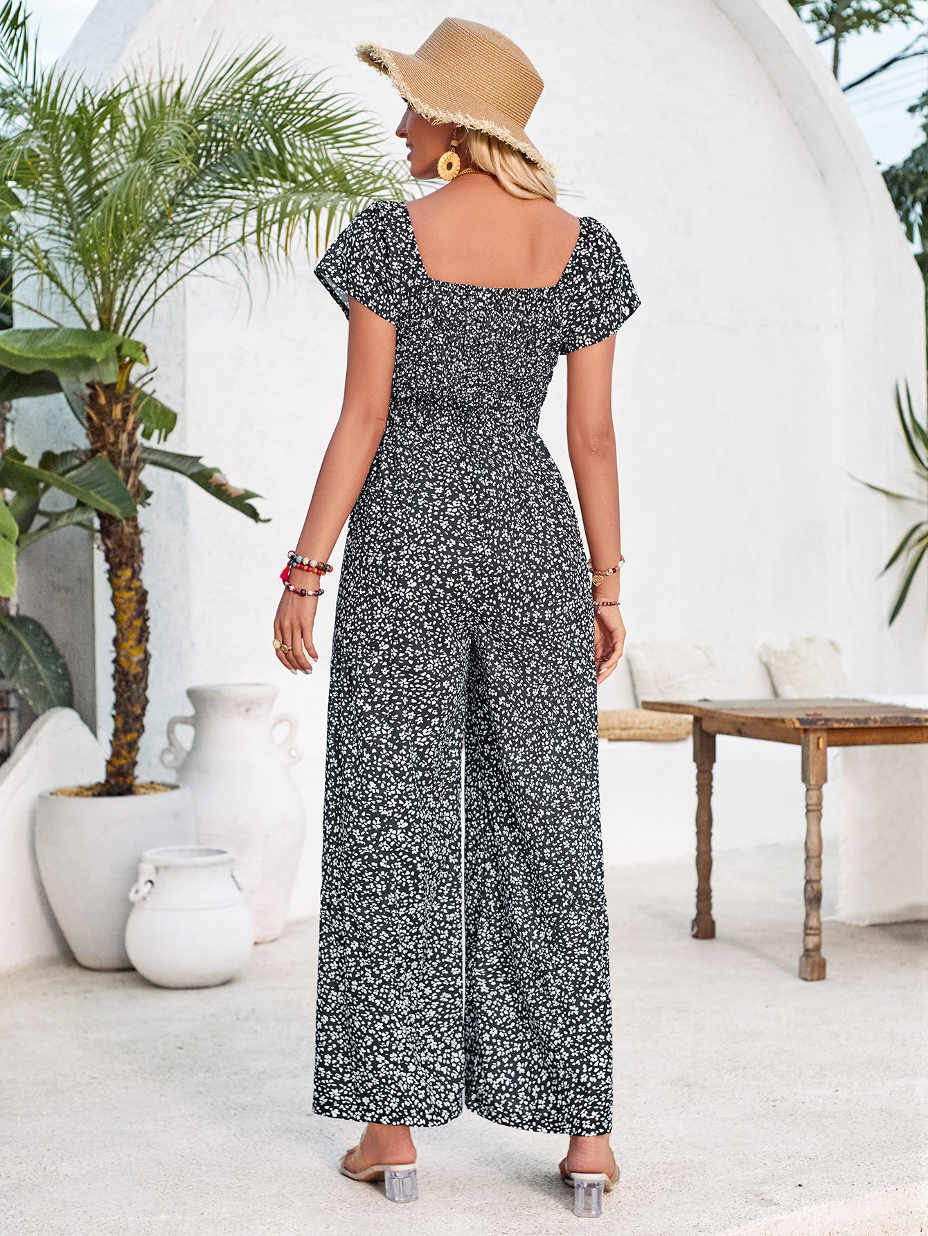 Printed Round Neck Smocking Jumpsuit Women's Clothing