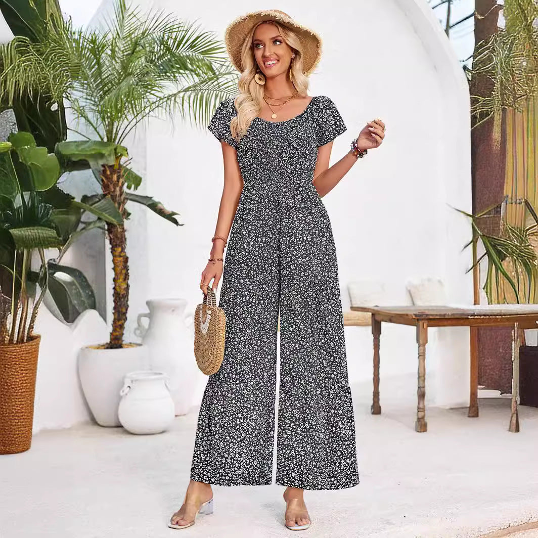 Printed Round Neck Smocking Jumpsuit Women's Clothing
