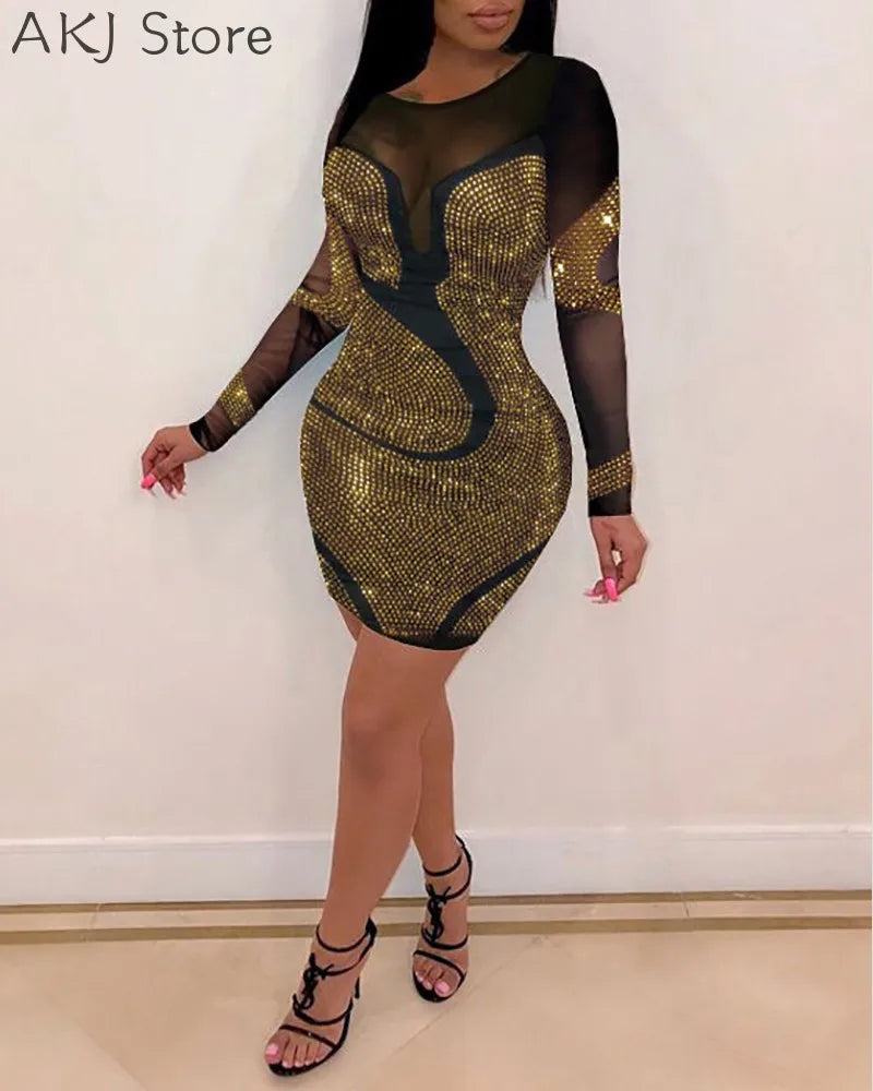 Women Solid Color Rhinestone Design Long Sleeve Sheer Mesh Bodycon Dress kpy