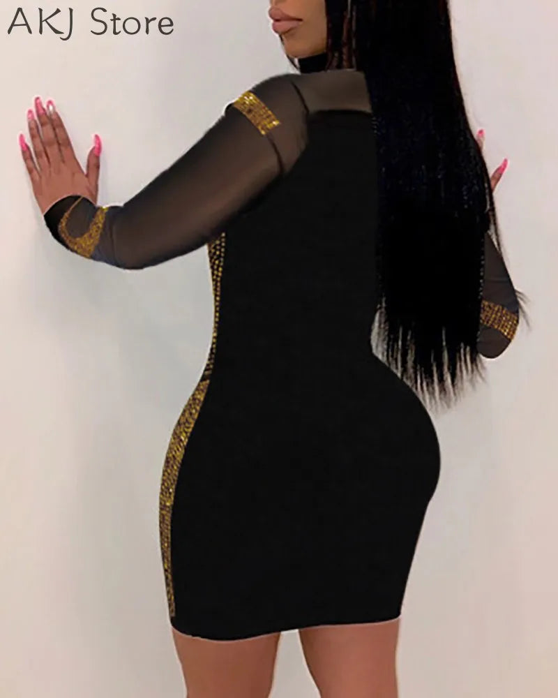 Women Solid Color Rhinestone Design Long Sleeve Sheer Mesh Bodycon Dress kpy