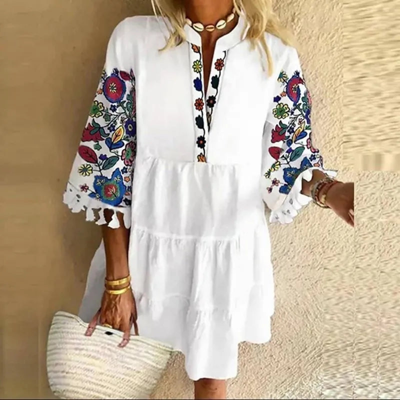 New Floral Print Boho Dress Women Tassle Sleeved White Mini A-Lline Dress Spring New Sweet Bohemian Loose Dresses somè