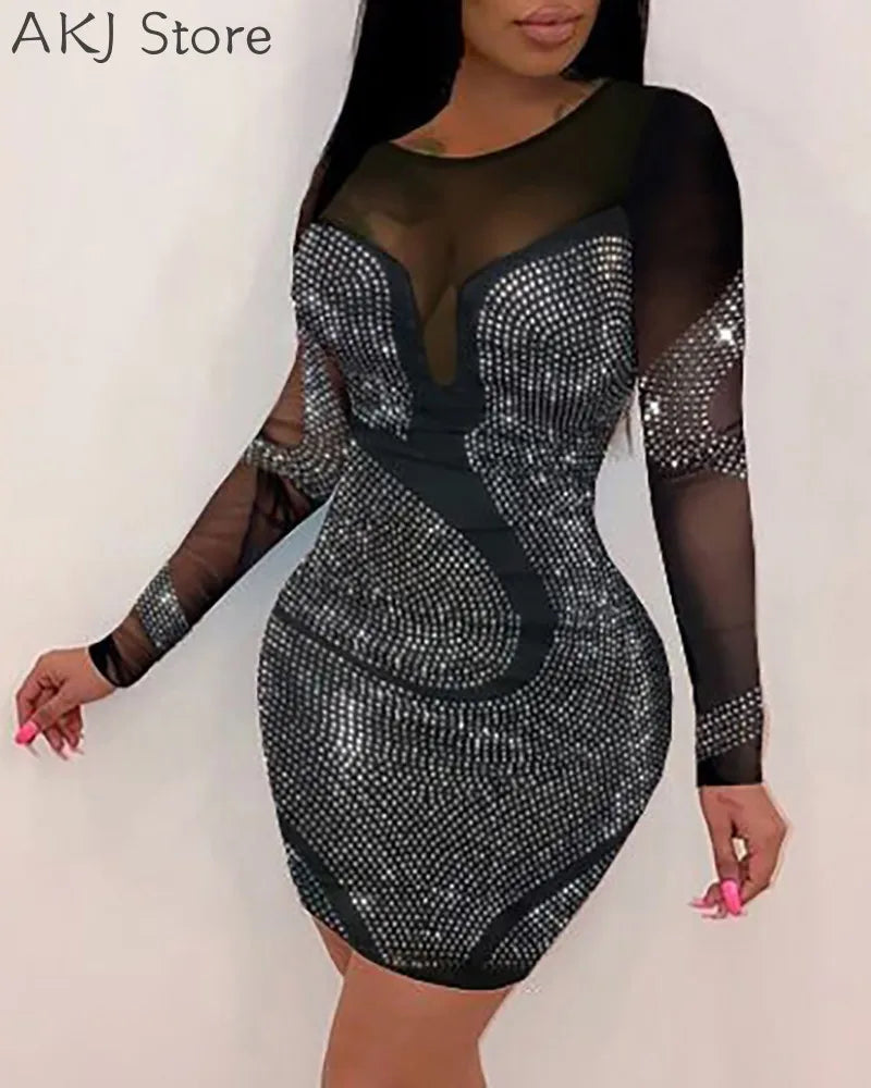 Women Solid Color Rhinestone Design Long Sleeve Sheer Mesh Bodycon Dress kpy