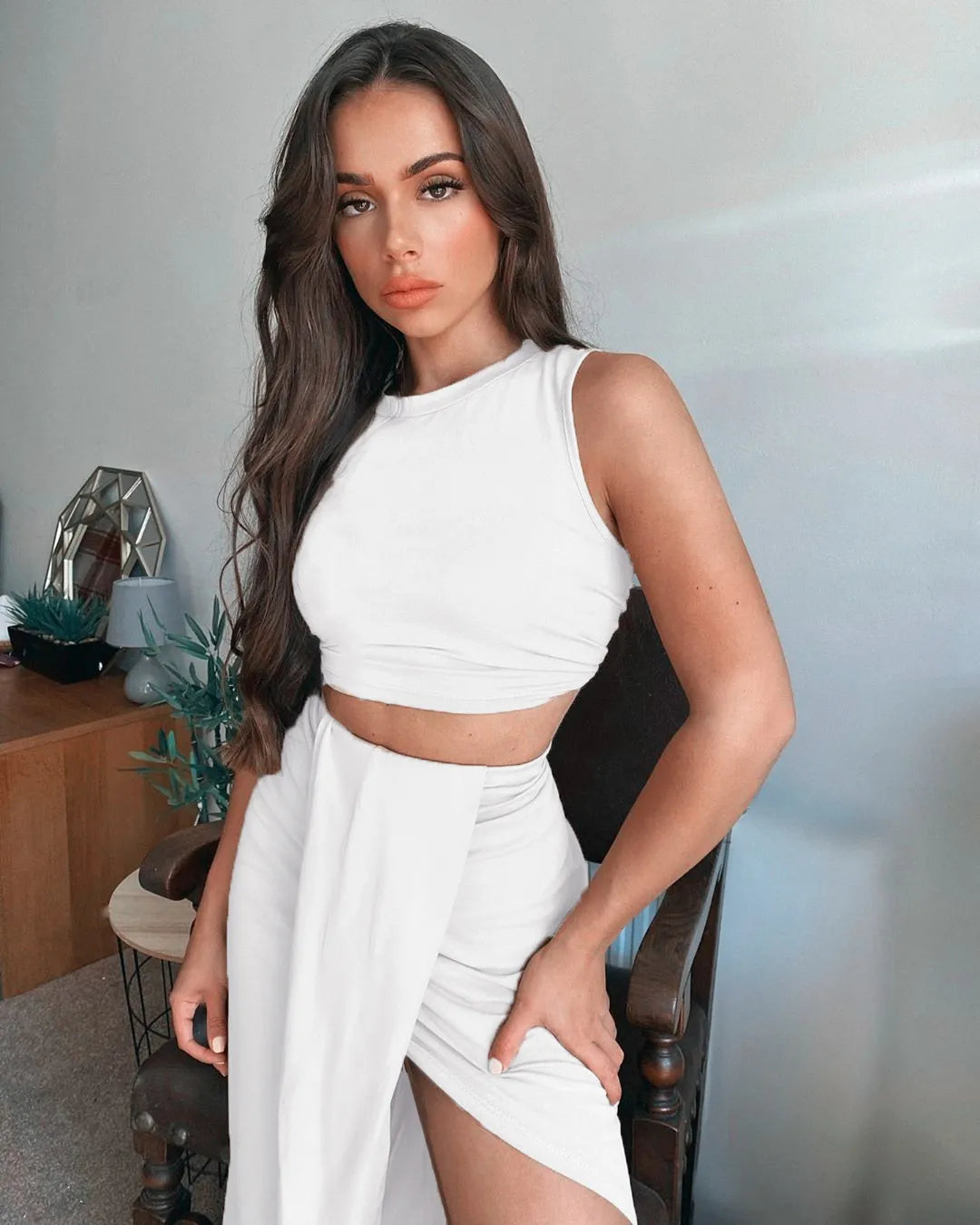Summer Women Fashion Clothing Sets Sexy Ruched Bodycon Two Piece Club Outfits Sleeveless Crop Tops And Long Slit Skirt somè