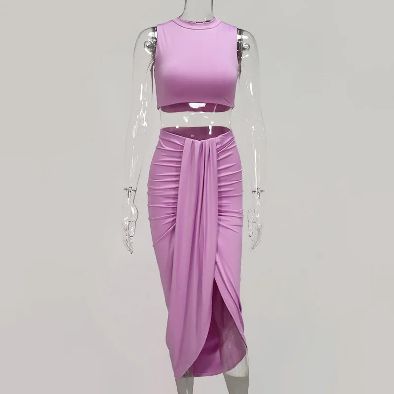 Summer Women Fashion Clothing Sets Sexy Ruched Bodycon Two Piece Club Outfits Sleeveless Crop Tops And Long Slit Skirt somè