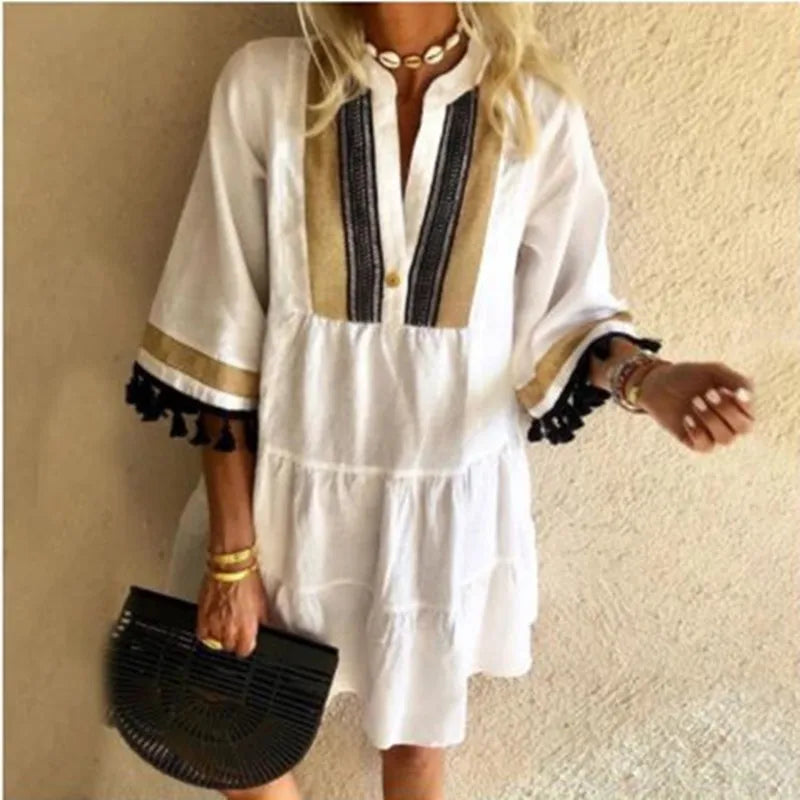 New Floral Print Boho Dress Women Tassle Sleeved White Mini A-Lline Dress Spring New Sweet Bohemian Loose Dresses somè