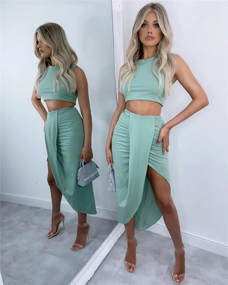 Summer Women Fashion Clothing Sets Sexy Ruched Bodycon Two Piece Club Outfits Sleeveless Crop Tops And Long Slit Skirt somè