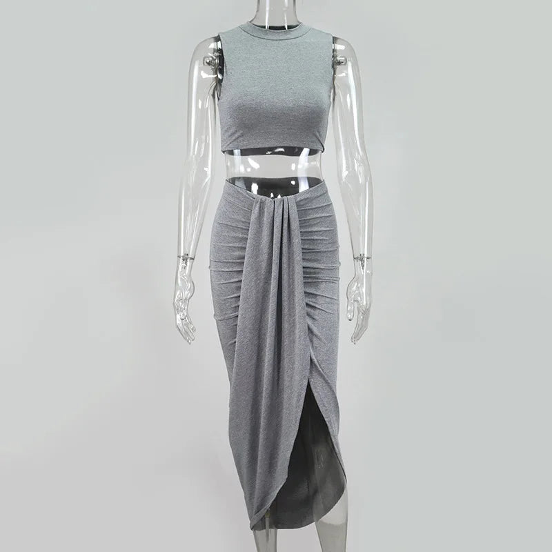 Summer Women Fashion Clothing Sets Sexy Ruched Bodycon Two Piece Club Outfits Sleeveless Crop Tops And Long Slit Skirt somè