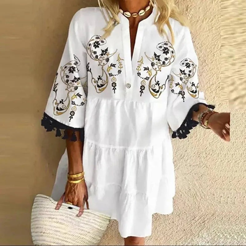 New Floral Print Boho Dress Women Tassle Sleeved White Mini A-Lline Dress Spring New Sweet Bohemian Loose Dresses somè