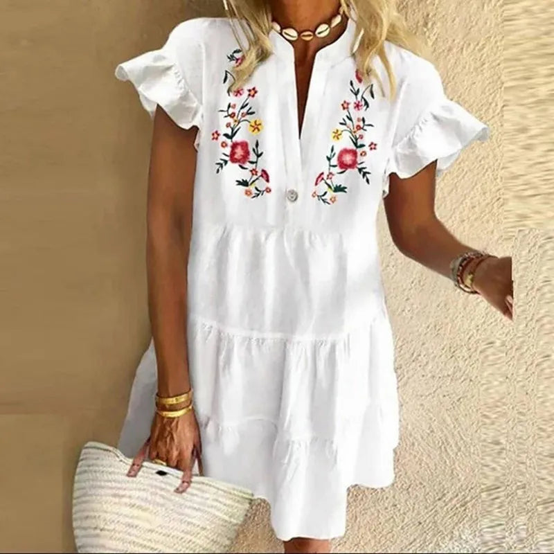 New Floral Print Boho Dress Women Tassle Sleeved White Mini A-Lline Dress Spring New Sweet Bohemian Loose Dresses somè