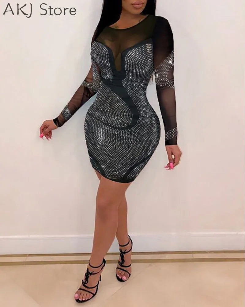 Women Solid Color Rhinestone Design Long Sleeve Sheer Mesh Bodycon Dress kpy