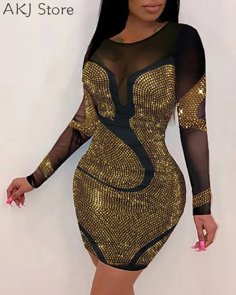 Women Solid Color Rhinestone Design Long Sleeve Sheer Mesh Bodycon Dress kpy