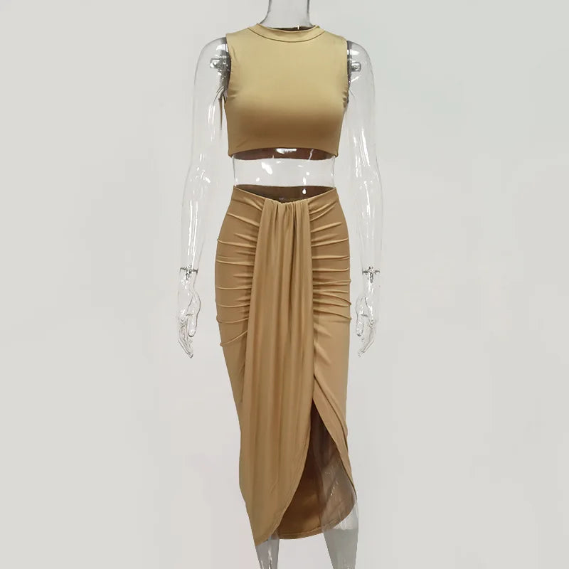 Summer Women Fashion Clothing Sets Sexy Ruched Bodycon Two Piece Club Outfits Sleeveless Crop Tops And Long Slit Skirt somè