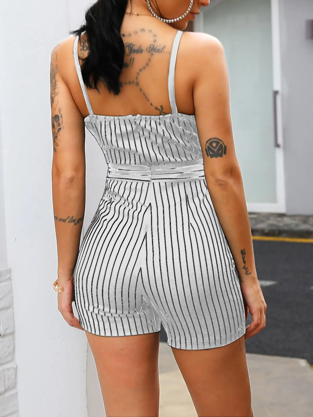 Summer Sexy Women Spaghetti Strap V-neck Striped Playsuit Jumpsuit Romper Beach Casual Female Loose Sleeveless Jumpsuits  202&