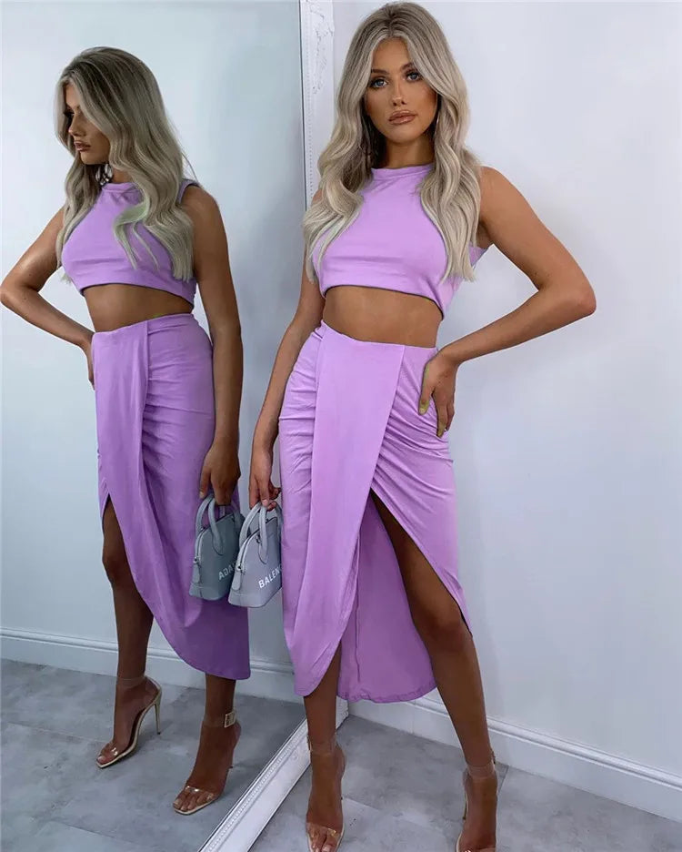 Summer Women Fashion Clothing Sets Sexy Ruched Bodycon Two Piece Club Outfits Sleeveless Crop Tops And Long Slit Skirt somè